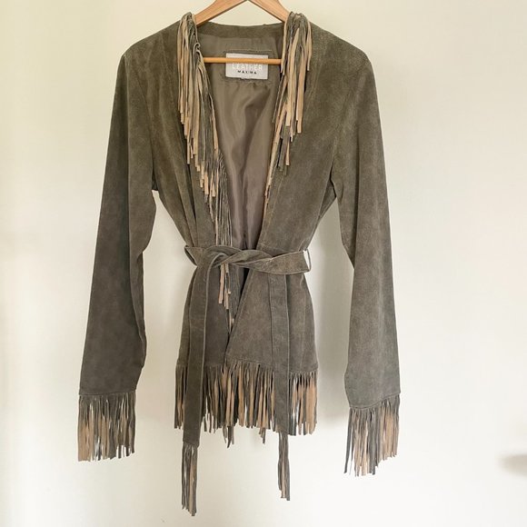 Wilsons Leather Jackets & Blazers - Wilsons Leather Maxima Two-tone Brown & Tan Belted Fringe Jacket